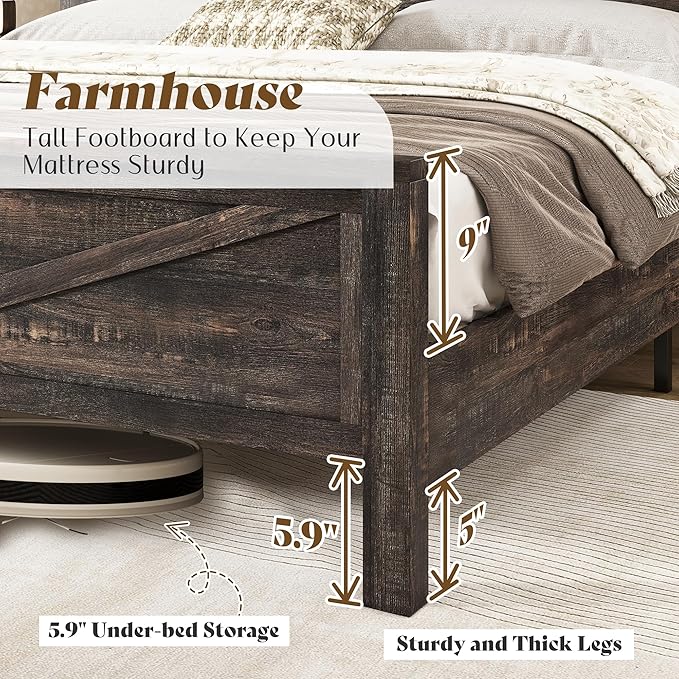 AMERLIFE Farmhouse Queen Bed Frame, Rustic Wood Platform Beds w/Barn Door Storage Bookcase Headboard & Charging Station, Bedroom Furniture, No Box Spring Needed, Dark Oak