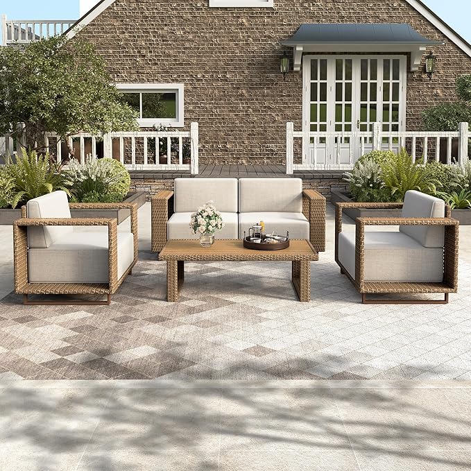 HERA'S HOUSE 5 Pieces Sectional Outdoor Patio Furniture Set, Modular Patio Conversation Set with 2 All Weather Rattan Wicker Sofas with 5.3" Widened Armrest, 2 Comfy Armchairs, and 1 Coffee Table