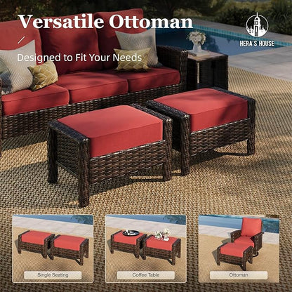 HERA'S HOUSE Red Patio Furniture Set, 8-Piece Outdoor Seating Conversation Sets with High Back Wicker Sofa, 4 x Swivel Chairs with 5.5" Thick Cushions, Fire Pit Table & Ottomans for Deck Yard Garden