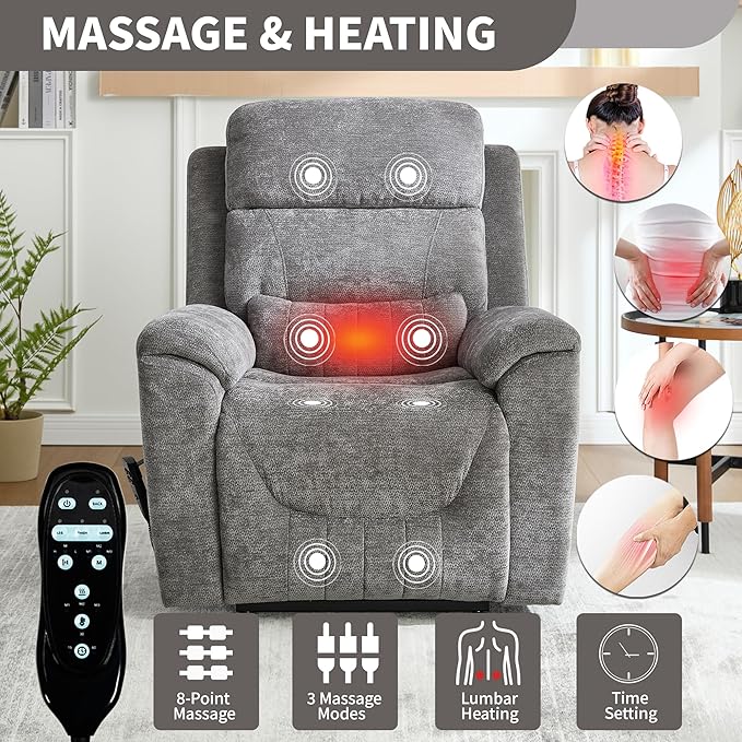 PELUMY Power Lift Recliner Chair for Elderly with Massage and Heat, Dual Motor Heavy Duty 350lbs Recliner, 8-Point Vibration & Lumbar Heating, Electric Lift Chair (Chenille, Dark Grey)