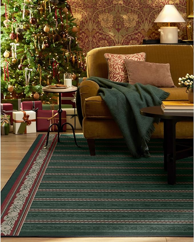 RUGGABLE x Morris & Co Machine Washable Area Rug – Fruit Stripe Spruce Green 5x7, Stain-Resistant, Non-Slip – Medium Rugs for Living Room, Bedroom, Hallway, Entryway & Office–with Cushioned Pad
