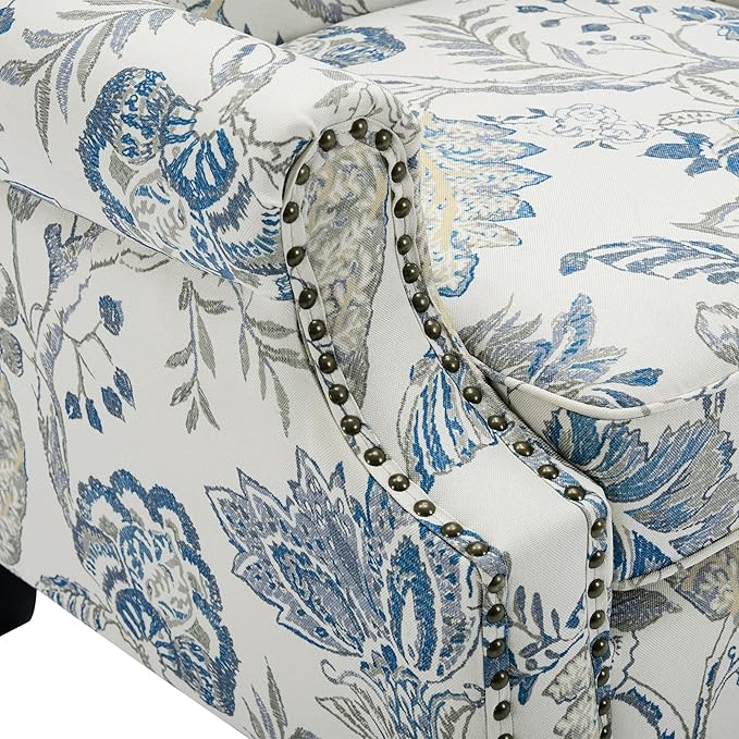 Pia Ricco High Back Floral Accent Chair - Retro Wingback Upholstered Armchair with Nailhead Trim, Solid Wood Legs, Fabric Living Room Bedroom Reading Chair (Plants Blue)