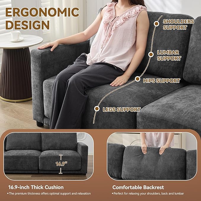 110.6" L-Shaped Modular Sectional Sofa Modern Chenille Comfy Couch with Thickened Seat Cushions, Easy Assembly, Upholstered 4 Seater Couch with Movable Ottoman for Living Room, Grey