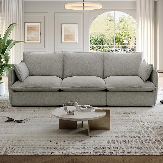 94.6" Cloud Modular Sectional Sofa, Waterproof Down Filled Sectional Sofas, High Backrest 3 Seater Sectional Couches for Living Room, Modern Modular Couch with Removable Cover, Light Gray