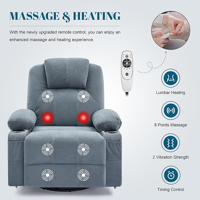 Oversized Swivel Rocker Recliner Chair with Heat and Massage, Large Big Recliner Chair for Living Room, 360 Degree Swivel Rocking Single Sofa with Cup Holders and USB Port(Fabric, Blue)