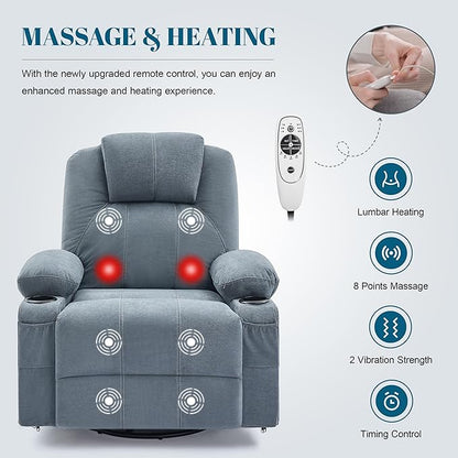 Oversized Swivel Rocker Recliner Chair with Heat and Massage, Large Big Recliner Chair for Living Room, 360 Degree Swivel Rocking Single Sofa with Cup Holders and USB Port(Fabric, Blue)