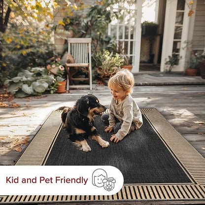 nuLOOM 3'6" x 5' Outdoor Area Rug, Casual Design With Striped Border, Stain Resistant, Highly Durable, For Patio, Balcony, Bedroom, Living Room, Dining Room, Bathroom, Dark Grey