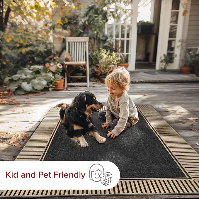 nuLOOM 10' x 13' Outdoor Area Rug, Casual Design with Striped Border, Stain Resistant, Highly Durable, for Patio, Balcony, Bedroom, Living Room, Dining Room, Bathroom, Dark Grey