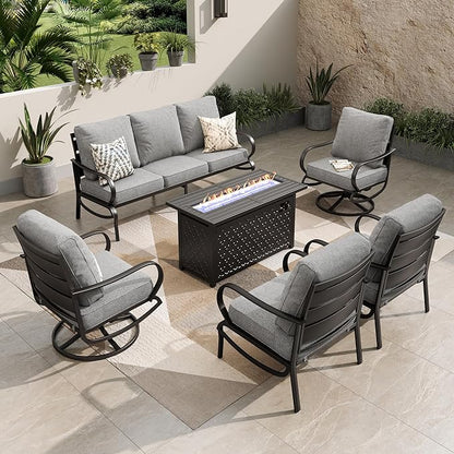 PHI VILLA Patio Conversation Set with Fire Pit, 7 Seat with 45" Firepit Table, Swivel & Fixed, Grey
