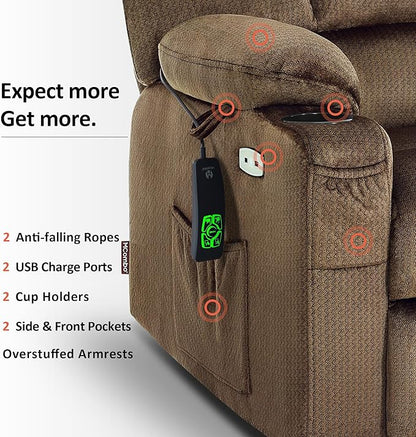 MCombo Oversized Dual Motor Power Lift Recliner Chair Sofa with Massage and Heat for Big Elderly People, Infinite Position, USB Ports, Fabric R7677 (Brown, Medium-Oversize)