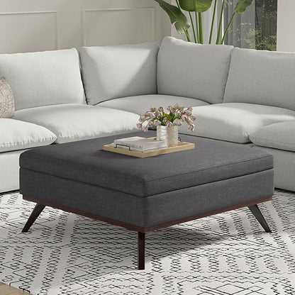 SIMPLIHOME Owen 40 inch Wide Mid Century Modern Square XL Coffee Table Storage Ottoman in Slate Grey Polyester Fabric, Assembled, for The Living Room, Entryway and Family Room