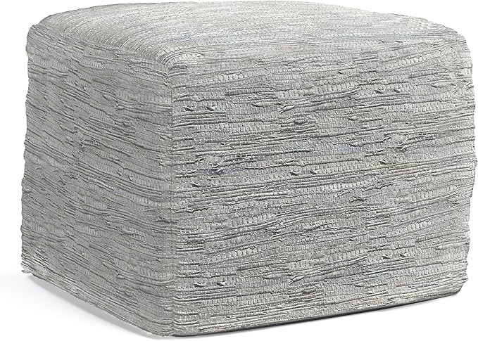 SIMPLIHOME Fredrik Boho Square Pouf in Cream Woven Genuine Leather for the Living Room, Bedroom and Kids Room