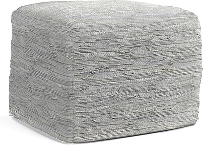 SIMPLIHOME Fredrik Boho Square Pouf in Cream Woven Genuine Leather for the Living Room, Bedroom and Kids Room