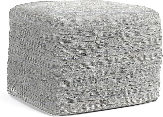 SIMPLIHOME Fredrik Boho Square Pouf in Cream Woven Genuine Leather for the Living Room, Bedroom and Kids Room