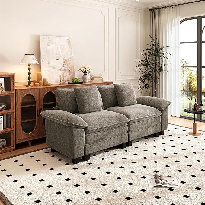 PHI VILLA Indoor Modular Couches Sets, 87.5" Sectional Loveseat Sofa with Upholstered Deep Seat, 2-Seater Comfy Couches for Living Room Bedroom, Chenille Fabric, Smoky Grey