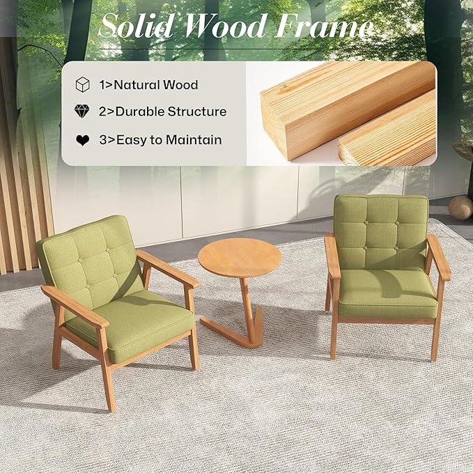 KCC Mid-Century Modern Linen Fabric Accent Chair, Upholstered Tufted Leisure Chair Comfy Reading Side Chair with Armrest and Solid Wood Frame for Living Room Bedroom Balcony(Green)