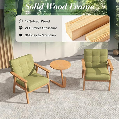 KCC Mid-Century Modern Linen Fabric Accent Chair, Upholstered Tufted Leisure Chair Comfy Reading Side Chair with Armrest and Solid Wood Frame for Living Room Bedroom Balcony(Green)
