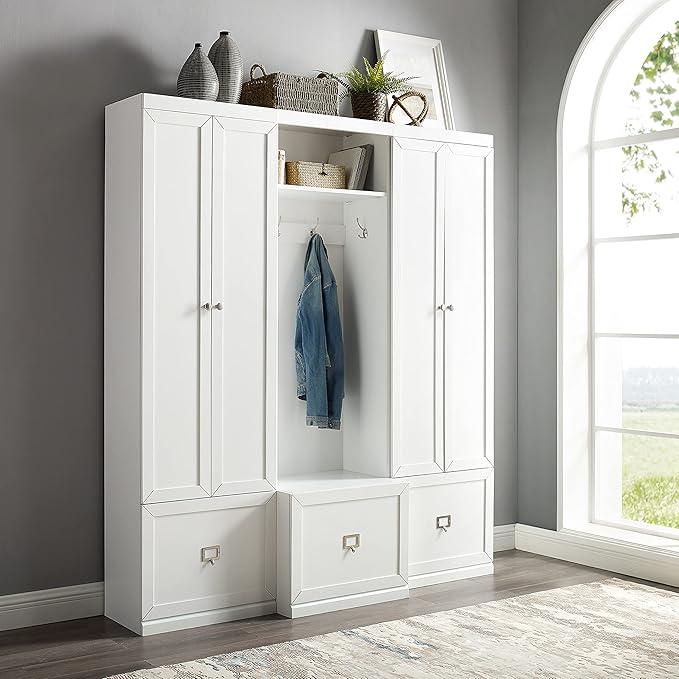 Crosley Furniture Harper 3-Piece Hall Tree and Storage Cabinet Set with Entryway Bench and Hooks for Hanging, White