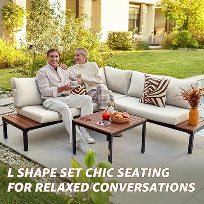 NATURAL EXPRESSIONS Patio Furniture Sets, Metal Outdoor Sectional L Shape Corner Sofa Outdoor Couch with Detachable Backrest,3 Fauxwood Tables,Black Frame,Beige Olefin Cushions for Yard,Garden