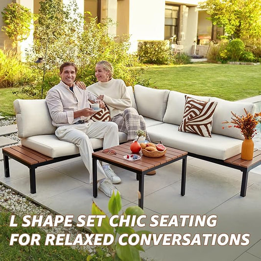 NATURAL EXPRESSIONS Patio Furniture Sets, Metal Outdoor Sectional L Shape Corner Sofa Outdoor Couch with Detachable Backrest,3 Fauxwood Tables,Black Frame,Beige Olefin Cushions for Yard,Garden