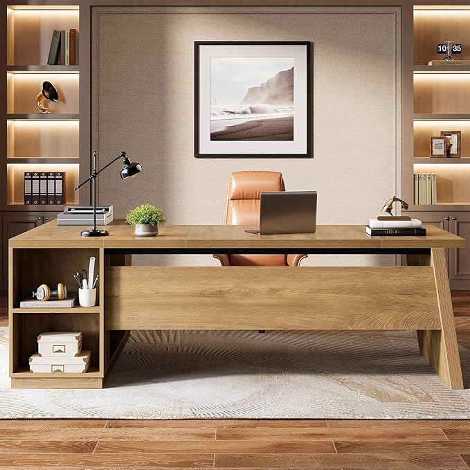 Tribesigns 78" L Shaped Desk with Drawers, Large Executive Office Desk with File Cabinet and Shelves, Modern Corner Computer Table Business Furniture for Home Office, Brown