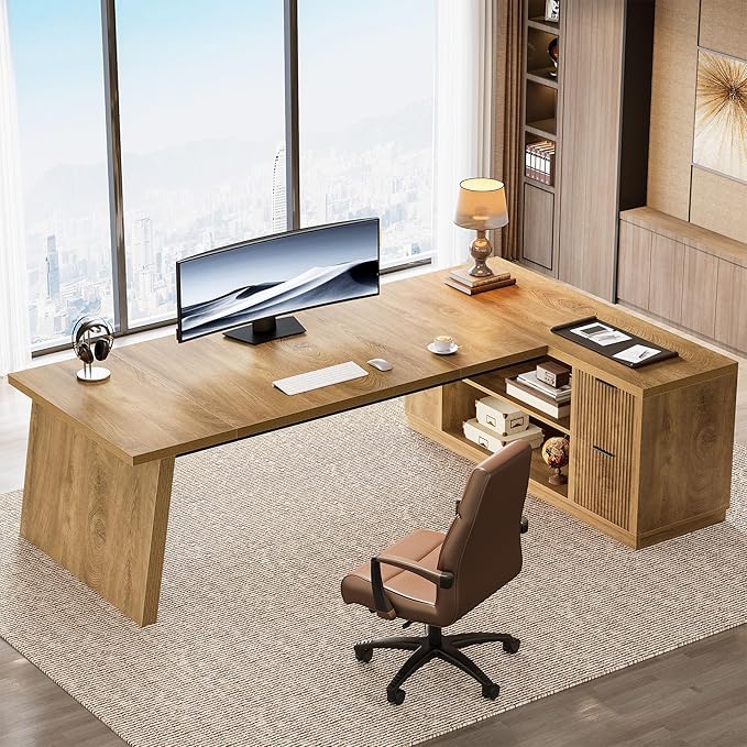Tribesigns 78" L Shaped Desk with Drawers, Large Executive Office Desk with File Cabinet and Shelves, Modern Corner Computer Table Business Furniture for Home Office, Brown