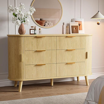 Fluted 6 Drawers Dresser, 55'' Wide Mid Century Modern Chest of Drawers with Sliding Door & Metal Handles, Curved Profile & Sturdy Legs, Wood TV Stand for Bedroom, Living Room (Natural Oak)