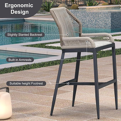 PURPLE LEAF 4 Pieces Bar Stools Patio Modern Rattan Barstools Aluminum Woven Tall Bar Chairs with Cushions for Outdoor Kitchen Island Garden
