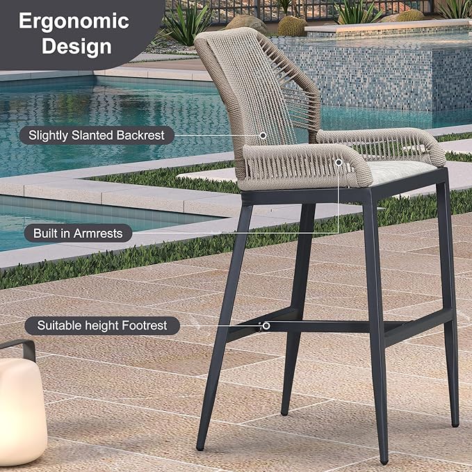 PURPLE LEAF 2 Pieces Bar Stools Patio Modern Rattan Barstools Aluminum Woven Tall Bar Chairs with Cushions for Outdoor Kitchen Island Garden