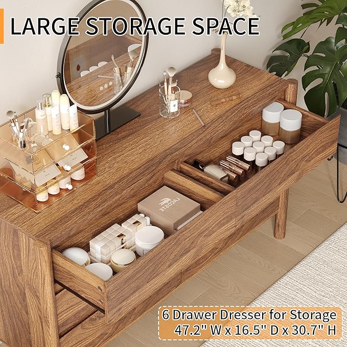 Dresser for Bedroom with 6 Drawers,47" Wide Walnut Dresser with 4 Solid Wood Legs, Wooden TV Stand,Closet Clothes Organizer for Bedroom, Hallway