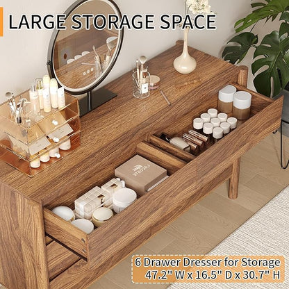 Dresser for Bedroom with 6 Drawers,47" Wide Walnut Dresser with 4 Solid Wood Legs, Wooden TV Stand,Closet Clothes Organizer for Bedroom, Hallway