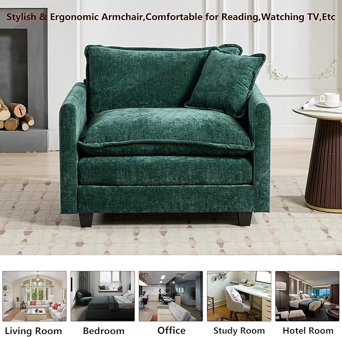 Aoowow Chenille Upholstered Accent Chair Oversized,Fluffy Single Cloud Sofa Chairs with Deep Seat,Modern Large Reading Arm Chair with Throw Pillow for Living Room,Bedroom (Green, Single Sofa Chair)