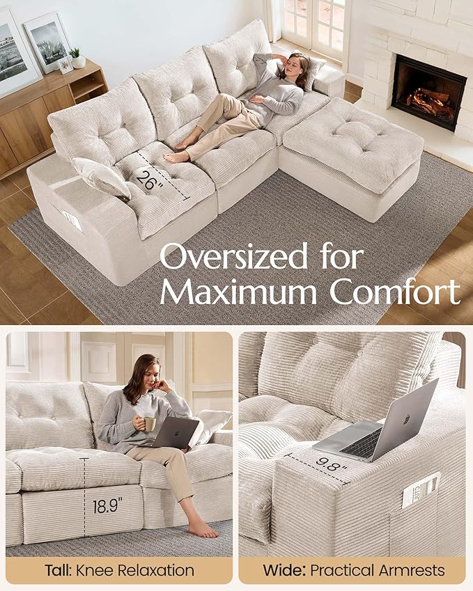 High Back Boneless Couch, L Shaped Cloud Couch with Versatile 2-Pack Pillow Blankets, Corduroy Modular Sectional Sofa with Ottoman, No Assemble Sectional Couches for Living Room, Warm White