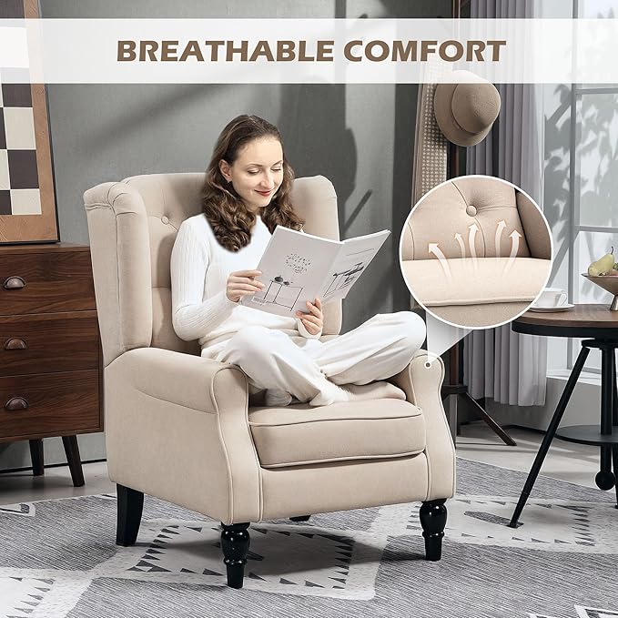 HOMCOM Mid-Century Modern Accent Chair, High Wingback Chair, Button-Tufted Upholstered Fabric Armchair with Retro Wood Legs for Living Room, Bedroom, Beige