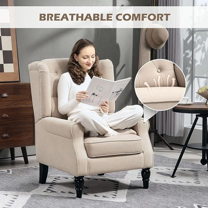 HOMCOM Mid-Century Modern Accent Chair, High Wingback Chair, Button-Tufted Upholstered Fabric Armchair with Retro Wood Legs for Living Room, Bedroom, Beige