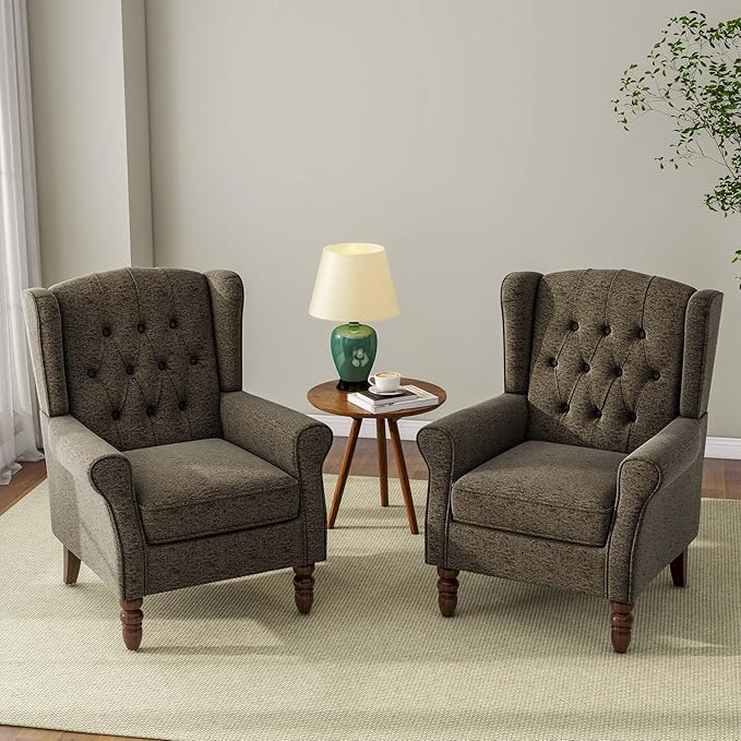 Accent Chair, Upholstered Armchair with Button Tufted High Back & Solid Wood Legs, Comfy Wingback Reading Single Sofa Chair for Small Spaces, Living Room, Bedroom-Taupe, Set of 2
