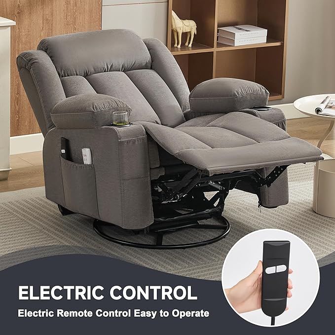 Power Swivel Rocker Recliner Chair with Heat and Massage, USB and Type-C Charging Port, Electric Glider Rocking Chairs, Oversized Recliner Chairs for Adults(Fabric, Grey)