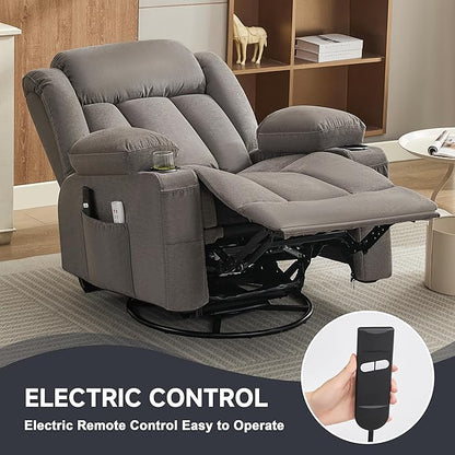 Power Swivel Rocker Recliner Chair with Heat and Massage, USB and Type-C Charging Port, Electric Glider Rocking Chairs, Oversized Recliner Chairs for Adults(Fabric, Grey)