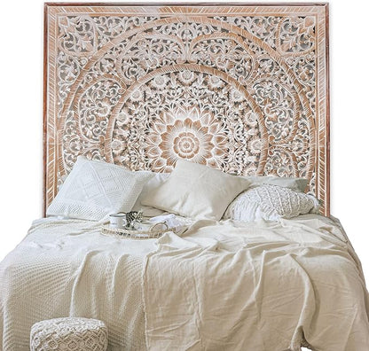 Wood Bed Headboard Rustic | Carved Full Head Board Only | Wooden BedHead Full Size Bed | Wall Mount Wall Art in Sizes King or Queen | Headboard Panels (Manusa Antic, Queen)