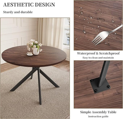 45.3 Inch Round Dining Table Set for 4, Mid Century Modern MDF Coffee Set for Dining Room Kitchen Apartment (Dark Walnut Table + 4 U-Shaped Black Chairs)