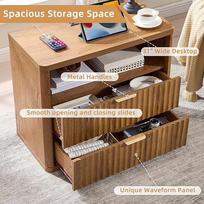 LEYAOYAO 31" Wide Fluted Nightstand with Charging Station, Oversized Extra Large 2 Drawers Night Stand,Brown Wood Bedside Table,Tall Bed Side End Tables,Modern Chest of Drawers Dressers for Bedroom
