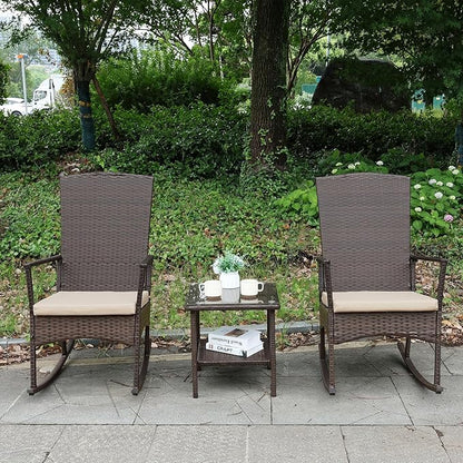 Outdoor Rocking Chair 3 Pieces High-Backed Rocking Chair Patio Rocking Chairs Outdoor Table, Khaki