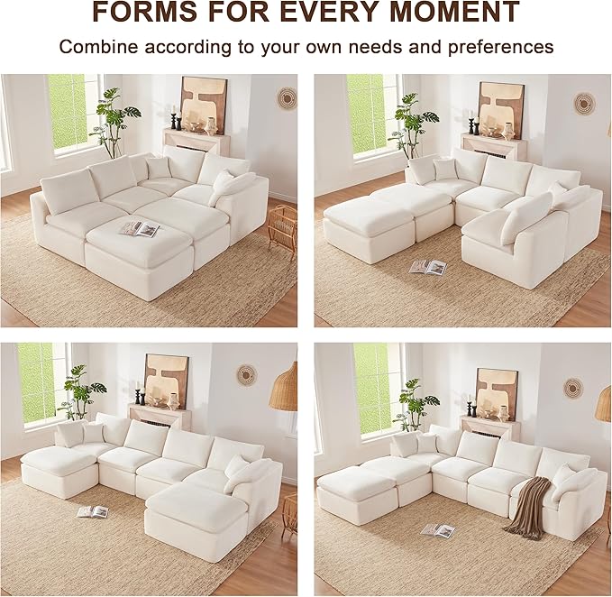 143" Cloud Sectional Couch, Boneless couches for Living Room，U Shaped Couch with Convertible Ottoman, Modular Sectional Sofa with Deep Seat, Comfy Soft Cushions, No Assembly, Beige