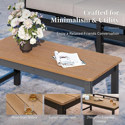 HDPE Outdoor Patio Furniture 4-Piece Set, All Weather Modern Patio Conversation Sets with Wood-grain Extended Table, Outdoor Patio Couch Set, Black Frame with Beige 4.7" Thick Cushions
