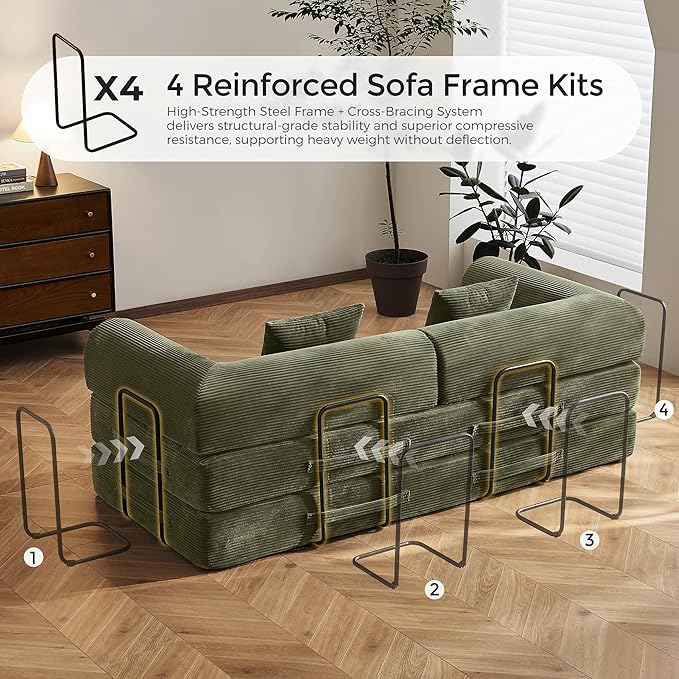 79" Convertible Sofa Bed with Fixed-Shape Frame & Removable Armrests, Modular Corduroy Sleeper Sofa, Folding Mattress Couch for Small Spaces - No Assembly Needed in Light Green (Includes 2 Pillows)