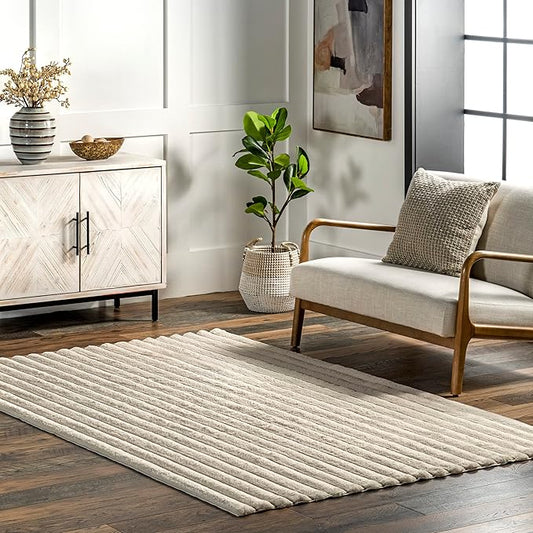 nuLOOM 5' x 8' Cozy Plush Area Rug, Machine Washable, Non-Slip, Soft Fluffy Shag Carpet for Living Room Bedroom Kids Room Nursery Home Decor, Kai Beige