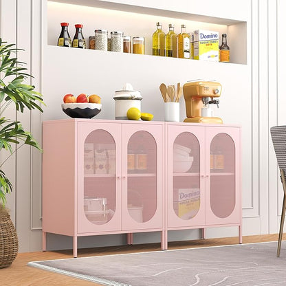Display Cabinets with 2 Mesh Doors，Small Pantry Cabinet, Storage Closet with Adjustable Shelf and High Feet, Pink Cabinet for Home, Office, Living Room,Dining Room,Sideboard, Hallway and Entryway