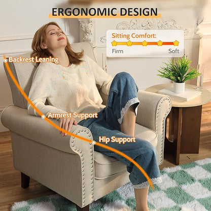 PrimeZone Comfy Accent Chair Set of 2, Mid-Century Modern Fabric Living Room Chair Reading Chair with Soft Cushion, Nailhead Trim & Rolled Armrest, Arm Chair Sofa Chair for Bedroom Waiting Room,Beige