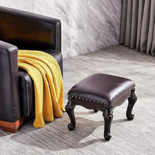 Foot Stool Ottoman Foot Rest Microfiber Leather Upholstered Footstool for Sofa, Living Room, Entryway, Solid Wood Stool (Black Brown)