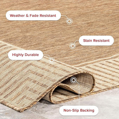 nuLOOM 10' x 13' Outdoor Area Rug, Casual Design with Striped Border, Stain Resistant, Highly Durable, for Patio, Balcony, Bedroom, Living Room, Dining Room, Bathroom, Light Brown